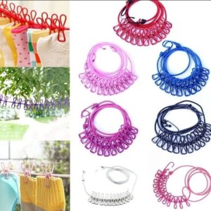 Cloth drying rope with hooks elastic cloth hanging rope for cloth drying with 12 clips and 2 hooks