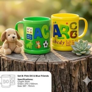 Cute pack of 2-piece kids plastic mug set with colorful cartoon designs on it (Mix designs no choice in designs)
