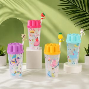 Cute, colorful kids sipper cup with leak-proof lid and built-in straw for easy, mess-free hydration.