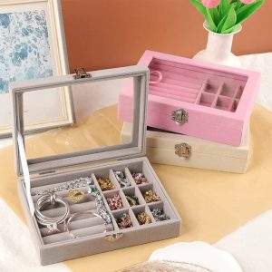 Velvet Glass Ring Earring Jewelry Display Organizer Box