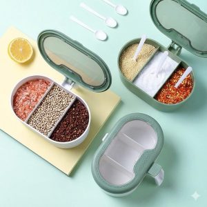 3 Compartment Spice Jar Box, Spice Organizer With Spoon, 3 Compartment Seasoning Organizer